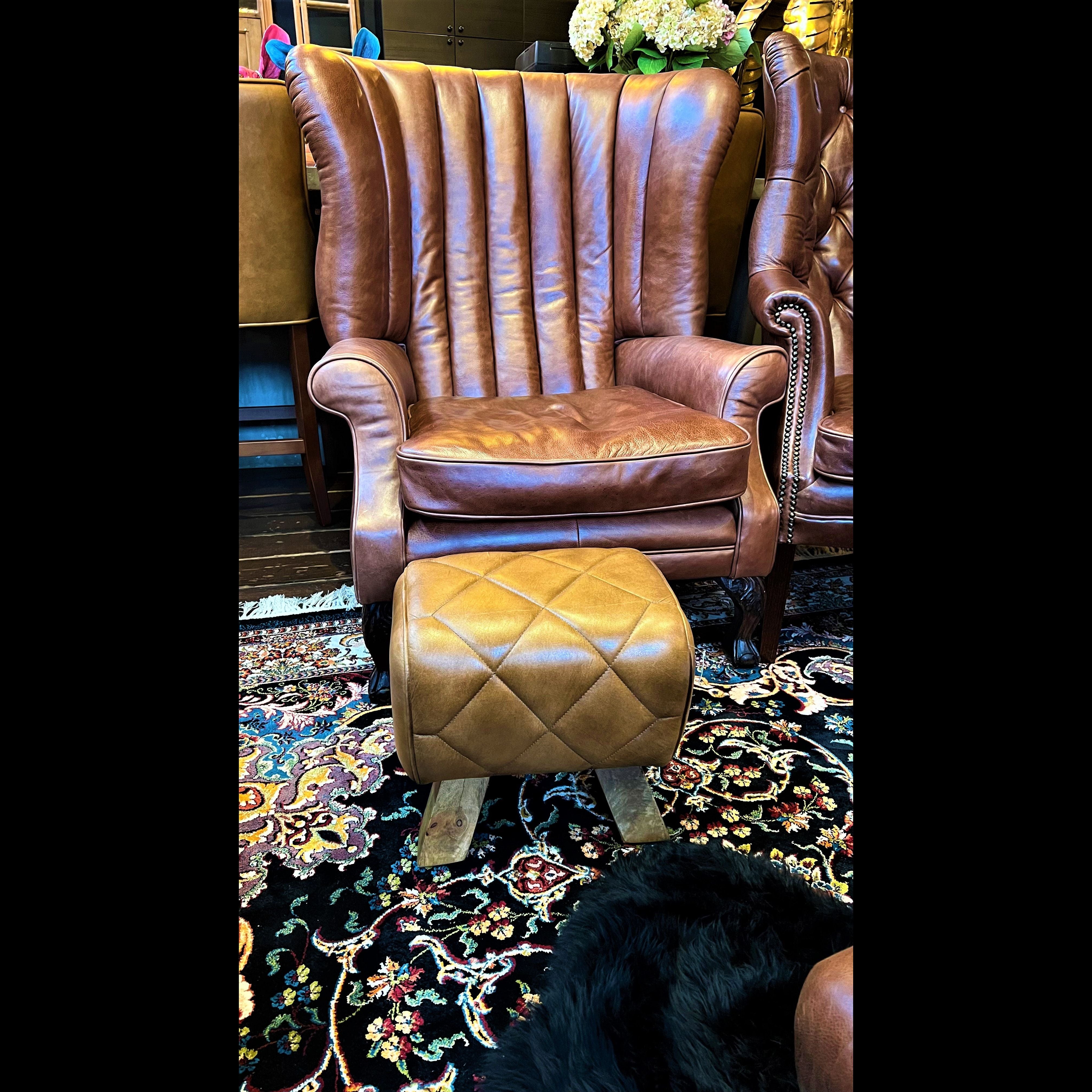 Brown leather deals chair with footstool