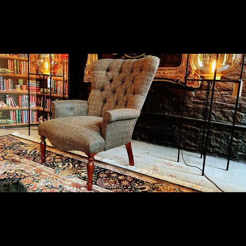 Selfridges Buttoned Wing Chair in Harris Tweed Grey