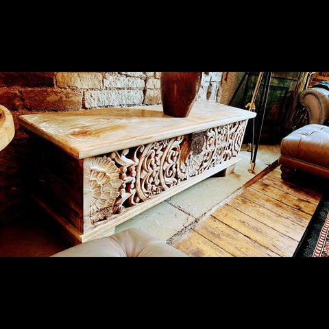 Mango Floral Filoigree Wood Carved Storage Bench Cabinet (135 x 40 x 46cm)