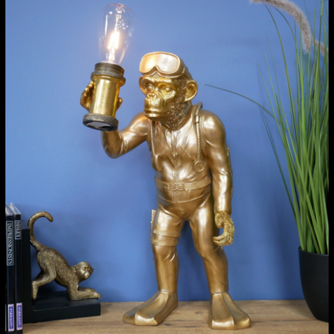 Gold Scuba Standing Monkey Table Lamp
