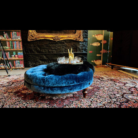 Loren Spink & Edgar Round Footstool in Opium Sapphire Blue