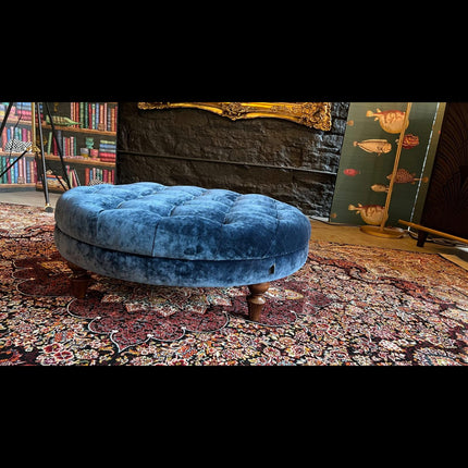 Loren Spink & Edgar Round Footstool in Opium Sapphire Blue