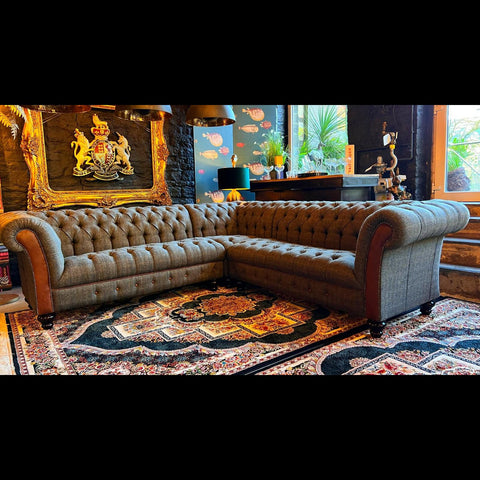 Chessington 2C2 Corner Chesterfield Sofa in Harris Tweed Grey & Tan Leather