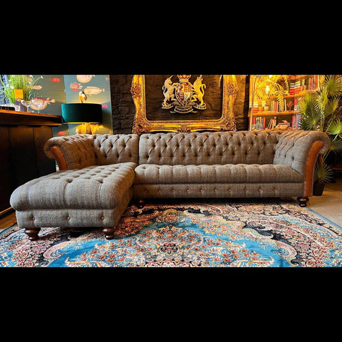 Chessington 3 Seater Chesterfield Chaise LHF in Harris Tweed Grey & Tan Leather