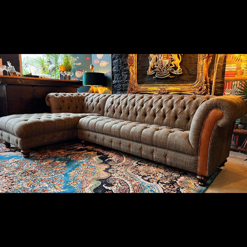 Chessington 3 Seater Chesterfield Chaise LHF in Harris Tweed Grey & Tan Leather