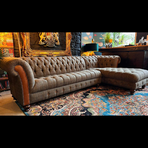 Chessington 3 Seater Chesterfield Chaise RHF in Harris Tweed Grey & Tan Leather