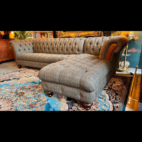 Chessington 3 Seater Chesterfield Chaise RHF in Harris Tweed Grey & Tan Leather