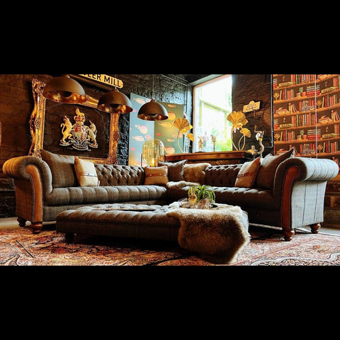 Chessington 3C3 Corner Chesterfield Sofa in Harris Tweed Grey & Tan Leather