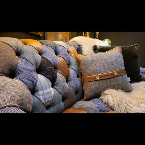 Blossom Patchwork Petite Sofa in Harris Tweed & Leather Mix
